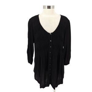 Torrid Shirt Black Ruched 3/4 Sleeve Button Up V Neck Smocked Top 1 1X
